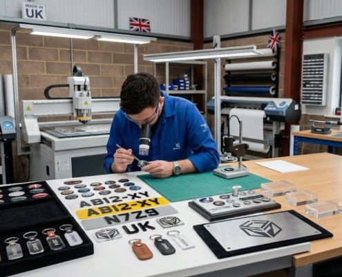 Technician producing bespoke service resin domed badges and custom branded products in a UK manufacturing workshop.