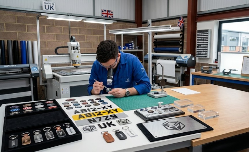 Technician producing bespoke service resin domed badges and custom branded products in a UK manufacturing workshop Technician producing bespoke service resin domed badges and custom branded products in a UK manufacturing workshop.
