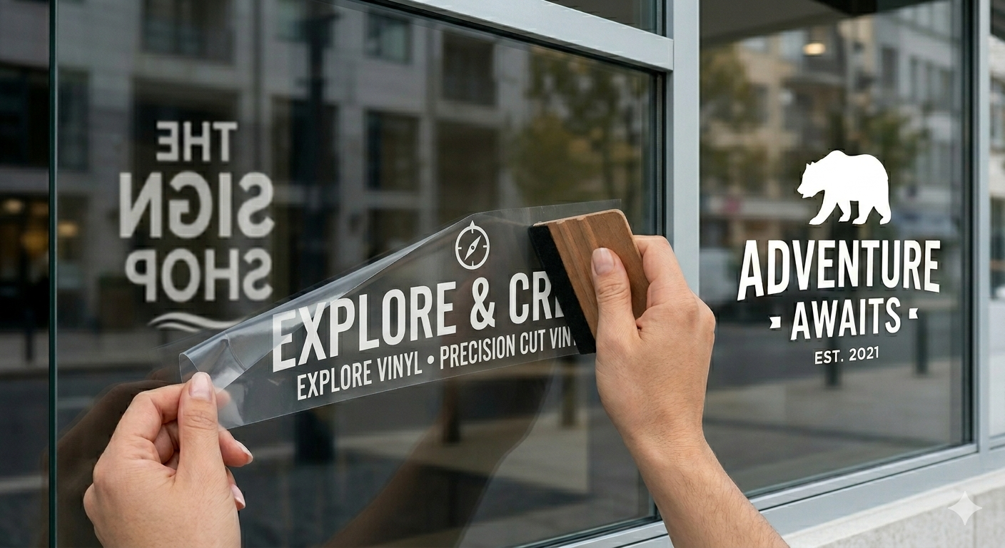 custom-vinyl-transfer-stickers-uk-woman-applying-transfer-sticker-to-glass-window-for-business-branding custom vinyl transfer stickers uk