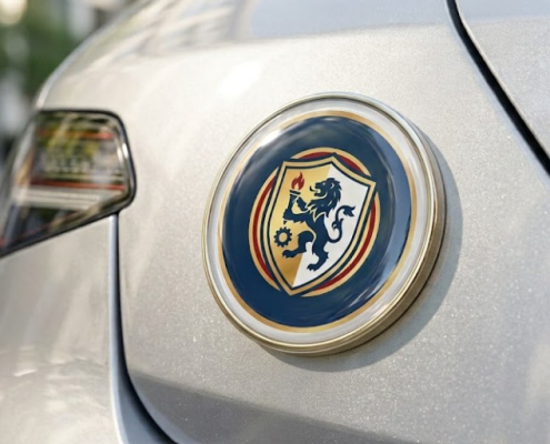 A durable 3D resin-domed car custom badge with a glossy finish mounted on the metallic exterior bodywork of a vehicle
