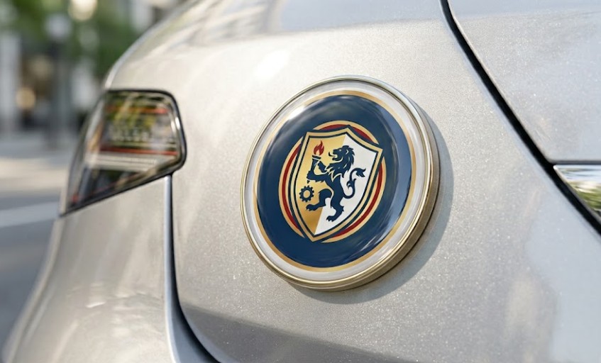 A durable 3D resin-domed car custom badge with a glossy finish mounted on the metallic exterior bodywork of a vehicle