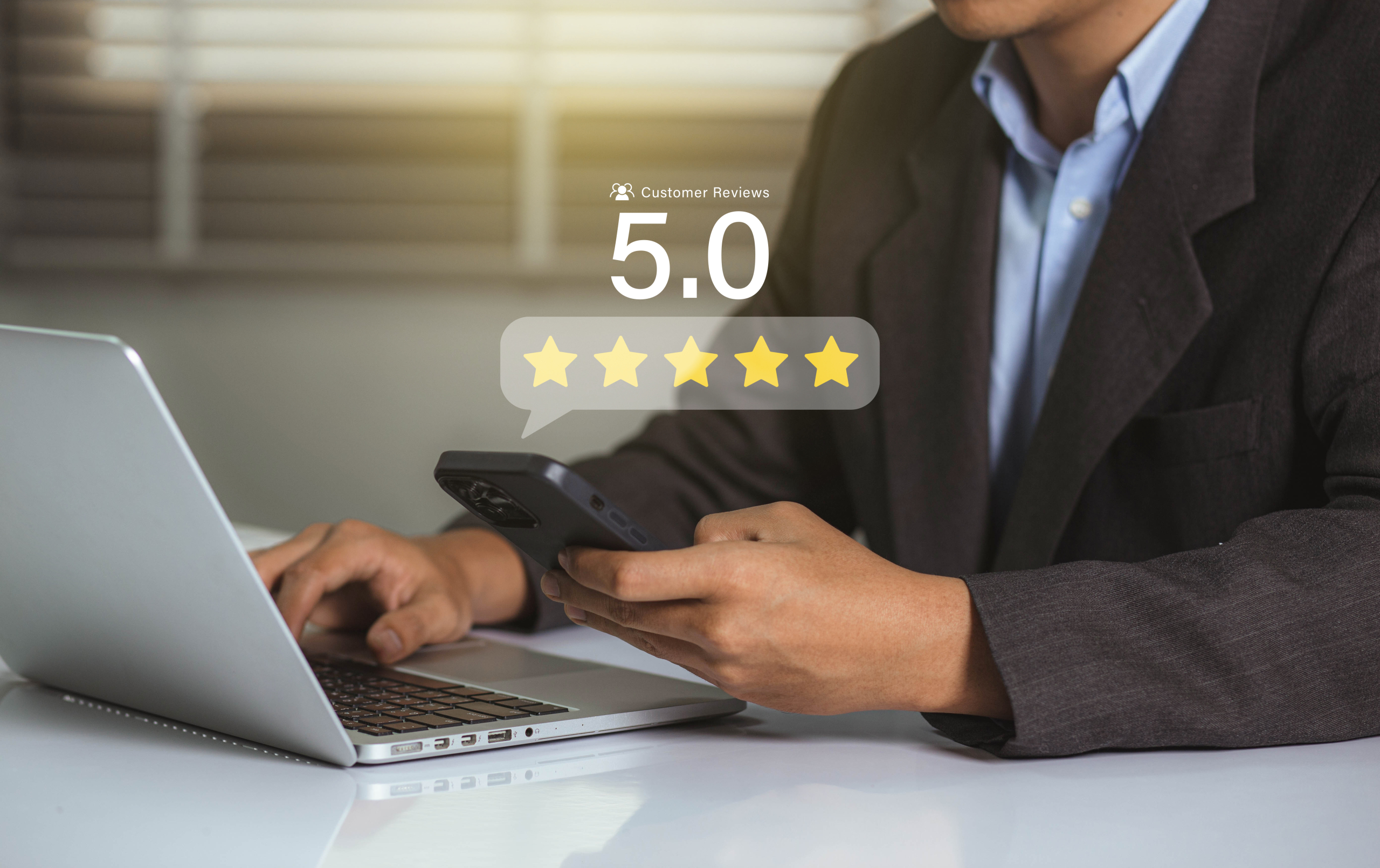 Businessman selecting five-star rating icon representing positive customer testimonials and service satisfaction